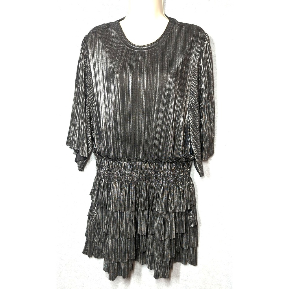 IRO Silver Black Metallic Mini Dress 8 Cuzco Smocked Waist Tiered Skirt Chic